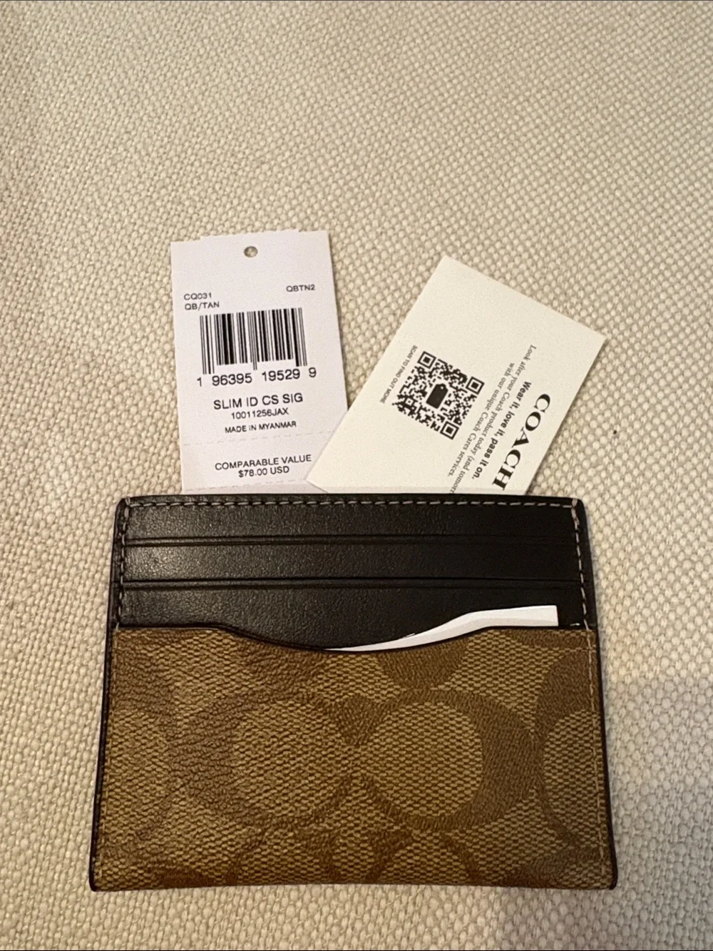 Coach Signature Canvas Card Holder with Brown Leather Top